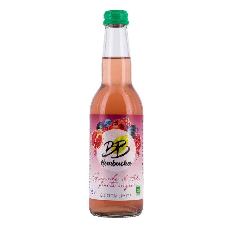 La kombucha est une boisson pétillante à base de thé fermenté, aromatisée grenade fruits rouge